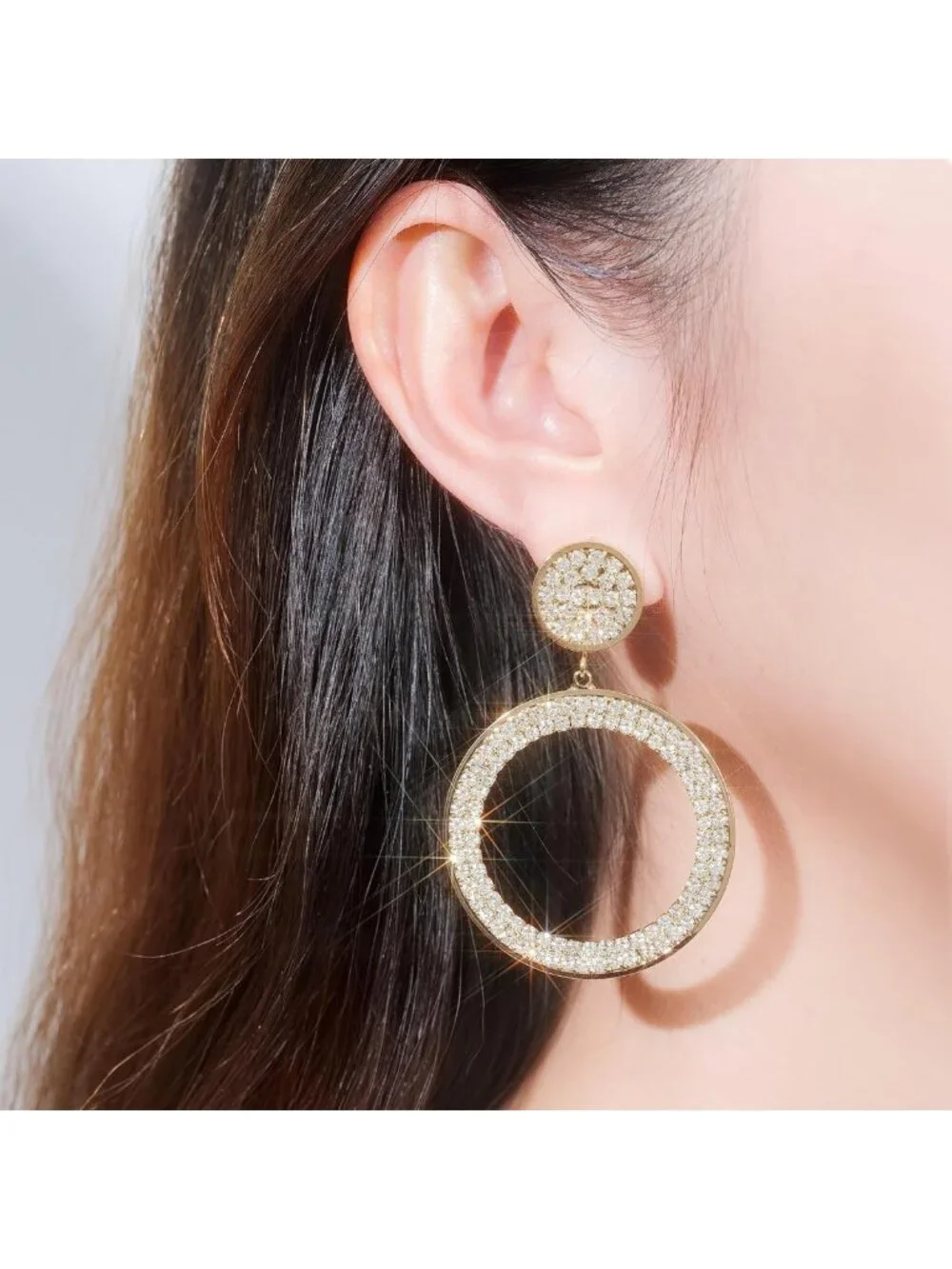 Gorgeous Gold Plated Circle Drop Earrings with Pavé Crystal Rhinestones, 60mm